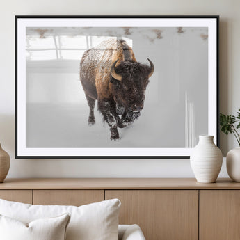 19889-MGC-FP-36x24_Black-Snow Bison Wall Art – Majestic Buffalo Winter Landscape Canvas Print, Rustic Wildlife Photography Decor for Cabin, Lodge, Living