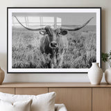 77320-MGC-FP-36x24_Black-Texas Longhorn Wall Art – Black and White Western Cattle Canvas Print, Rustic Farmhouse Animal Photography Decor for Living Room,