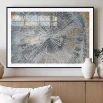 17631-MGC-FP-36x24_Black-Radiant Burst Wall Art – Abstract Sunburst Canvas Print in Blue and Gold, Modern Geometric Painting for Living Room, Office or