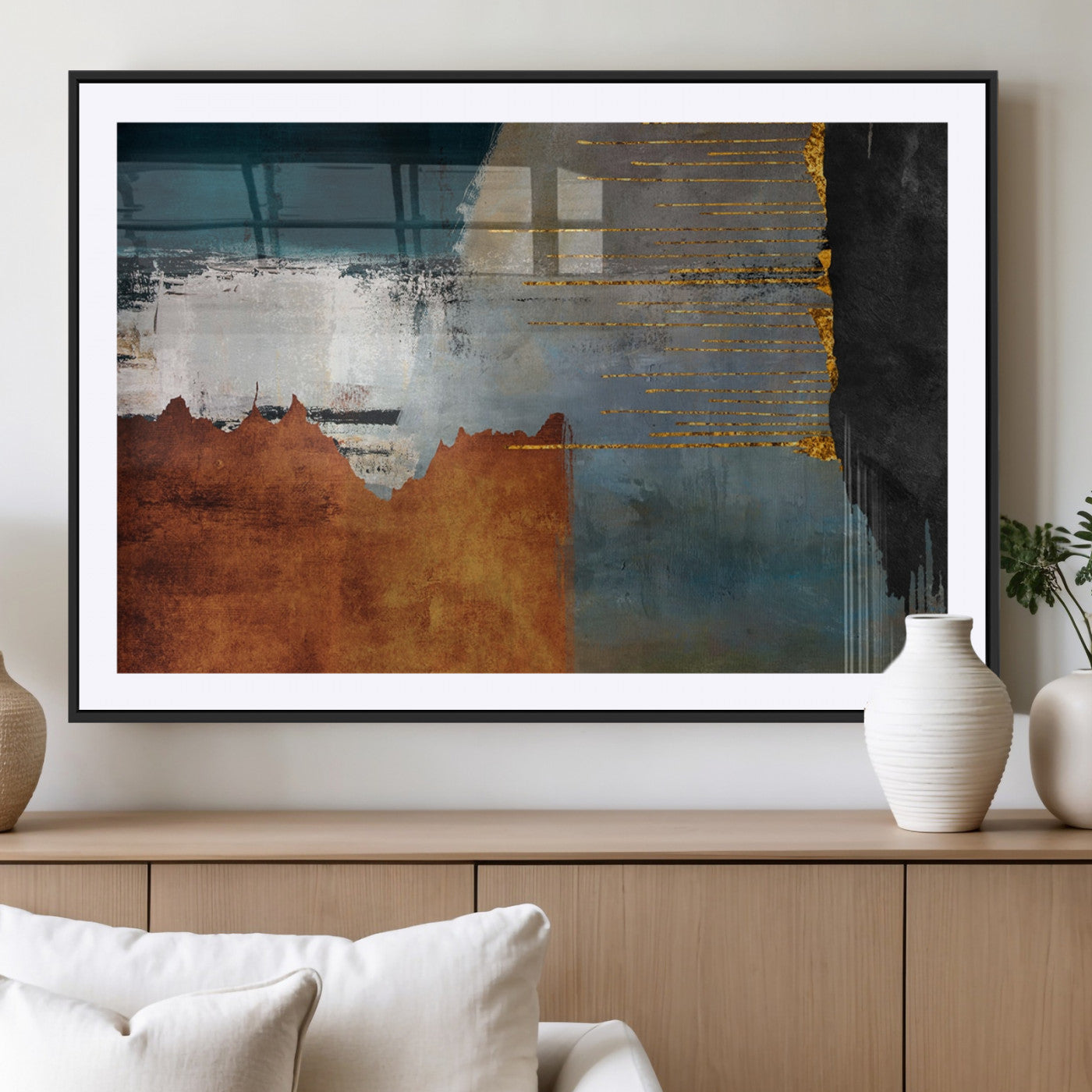 35026-MGV-CV-36X24-Abstract Canvas Wall Art – Modern Teal, Rust, Black and Gold Textured Painting, Contemporary Decor for Living Room, Bedroom or