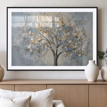 65811-MGC-FP-36x24_Black-Abstract Tree Wall Art – Textured Canvas Painting with Gold and White Leaves, Modern Nature Inspired Decor for Living Room or