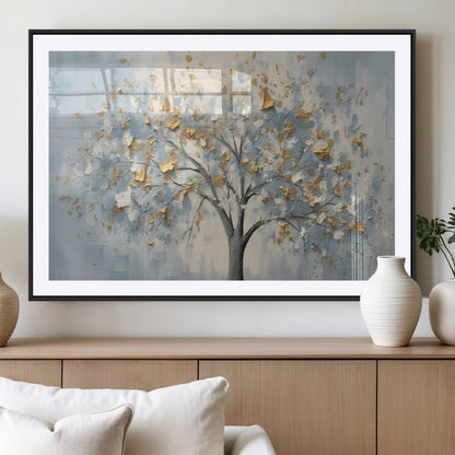 65811-MGC-FP-36x24_Black-Abstract Tree Wall Art – Textured Canvas Painting with Gold and White Leaves, Modern Nature Inspired Decor for Living Room or