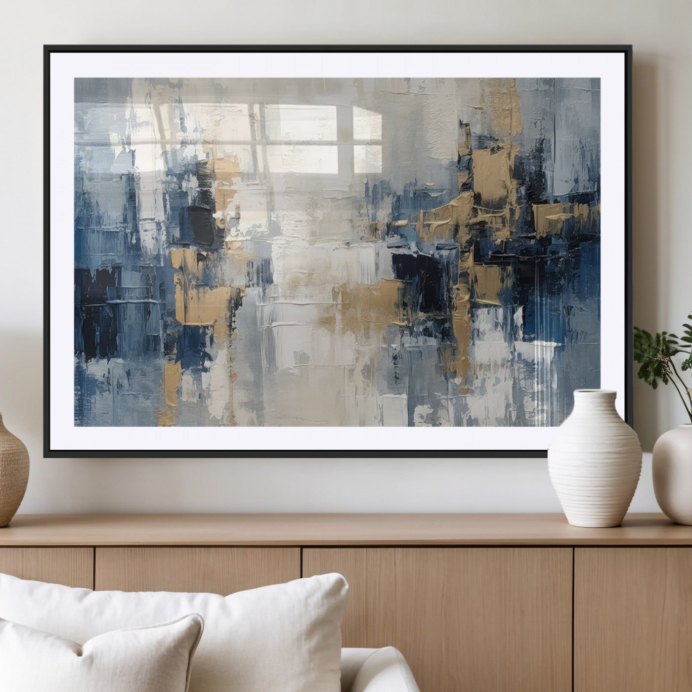 44344-MGV-CV-36X24-Abstract Blue and Gold Wall Art – Modern Hand Painted Canvas Print, Contemporary Textured Painting for Living Room, Bedroom or