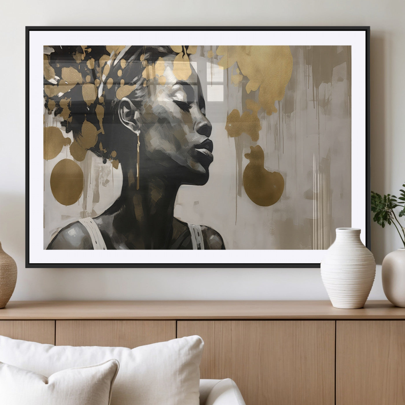 65669-MGV-CV-36X24-Elegant Black Woman Wall Art – Modern Abstract Portrait Canvas with Gold Accents, Contemporary Afrocentric Decor for Living Room