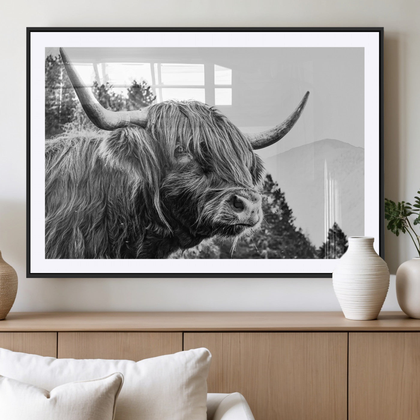 61570-MGC-FP-36x24_Black-Highland Cow Wall Art – Black and White Scottish Bull Canvas Print, Rustic Farmhouse Animal Decor for Living Room, Bedroom, or