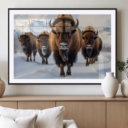 56701-MGV-CV-36X24-Bison Herd Wall Art – Buffalo Walking in Snowy Mountains Canvas Print, Rustic Wildlife Decor for Cabin, Lodge, or Living Room