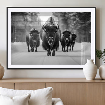 45287-MGV-CV-36X24-Bison Herd Wall Art – Black and White Buffalo Snow Road Canvas Print, Rustic Wildlife Decor for Cabin, Lodge or Living Room