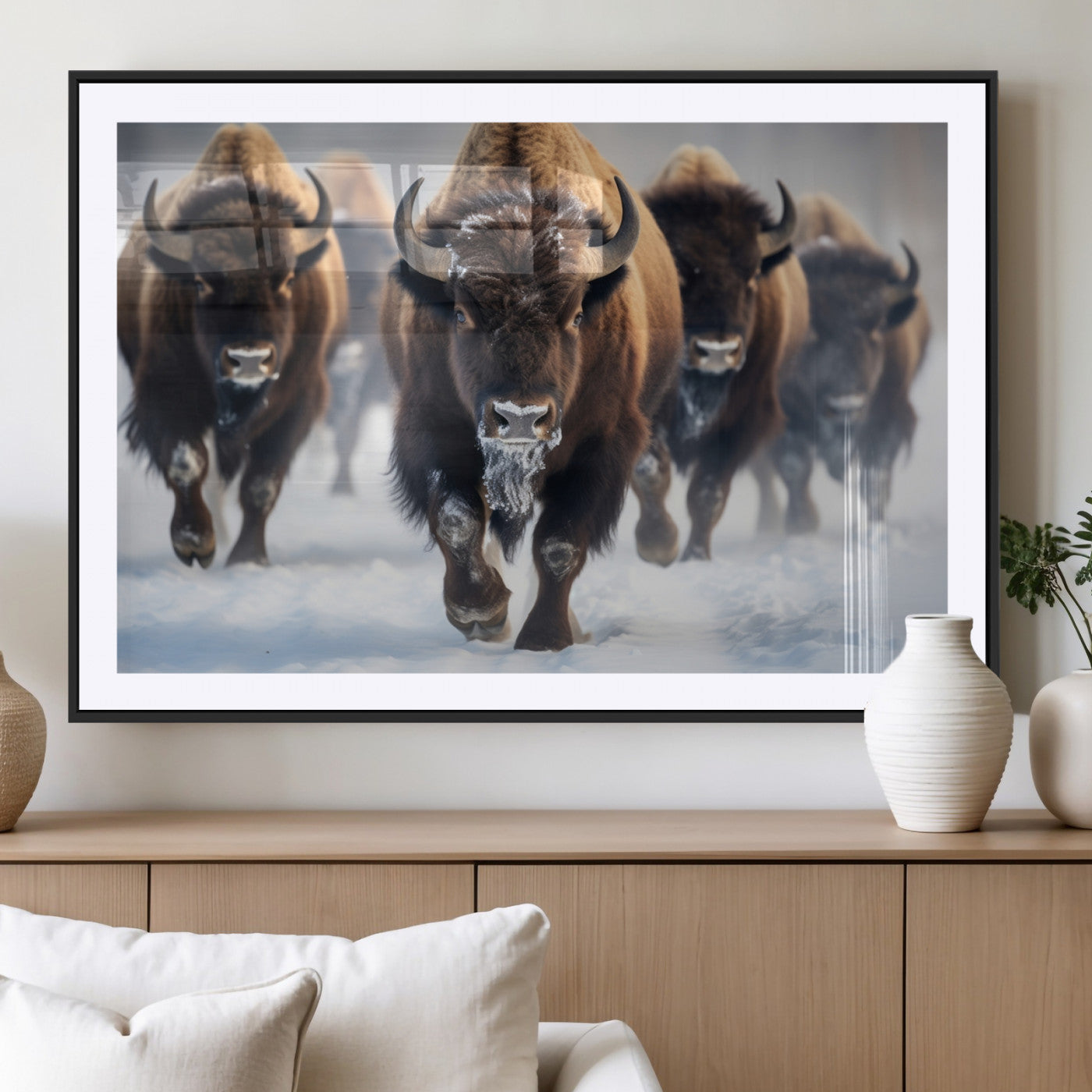 80512-MGC-FP-36x24_Black-Bison Herd Wall Art – Buffalo Running in Snow Canvas Print, Rustic Wildlife Photography Decor for Cabin, Lodge, or Living Room