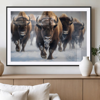 80512-MGC-FP-36x24_Black-Bison Herd Wall Art – Buffalo Running in Snow Canvas Print, Rustic Wildlife Photography Decor for Cabin, Lodge, or Living Room