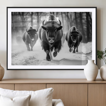97552-MGC-FP-36x24_Black-Black and White Bison Wall Art – Buffalo Herd Running in Snow Canvas Print, Rustic Wildlife Photography Decor for Cabin, Lodge, or