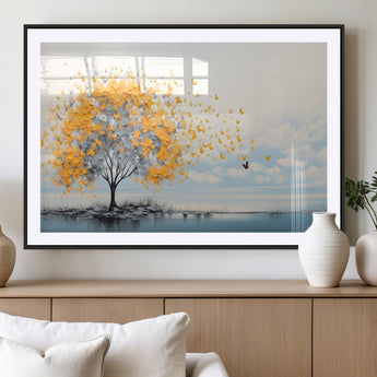 23385-MGV-CV-36X24-Golden Butterfly Tree Wall Art – Abstract Yellow and Gray Canvas Print, Modern Nature Artwork for Living Room, Bedroom or Office
