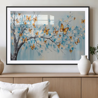 59455-MGV-CV-36X24-Butterfly Tree Branch Wall Art – Blue and Yellow Abstract Canvas Print, Modern Nature Artwork for Living Room, Bedroom or Office