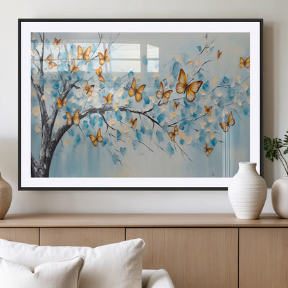 59455-MGV-CV-36X24-Butterfly Tree Branch Wall Art – Blue and Yellow Abstract Canvas Print, Modern Nature Artwork for Living Room, Bedroom or Office