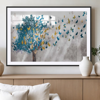 37564-MGV-CV-36X24-Butterfly Tree Wall Art – Modern Nature Canvas Print with Blue and Golden Butterflies, Elegant Decorative Painting for Living Room