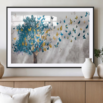 37564-MGV-CV-36X24-Butterfly Tree Wall Art – Modern Nature Canvas Print with Blue and Golden Butterflies, Elegant Decorative Painting for Living Room