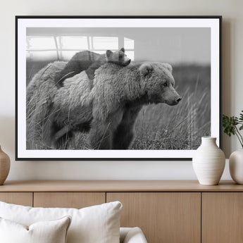 76338-MGV-CV-36X24-Mother Bear and Cub Wall Art – Black and White Wildlife Canvas Print, Rustic Nature Photography for Cabin, Living Room or Office