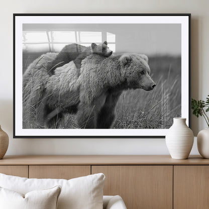 76338-MGV-CV-36X24-Mother Bear and Cub Wall Art – Black and White Wildlife Canvas Print, Rustic Nature Photography for Cabin, Living Room or Office