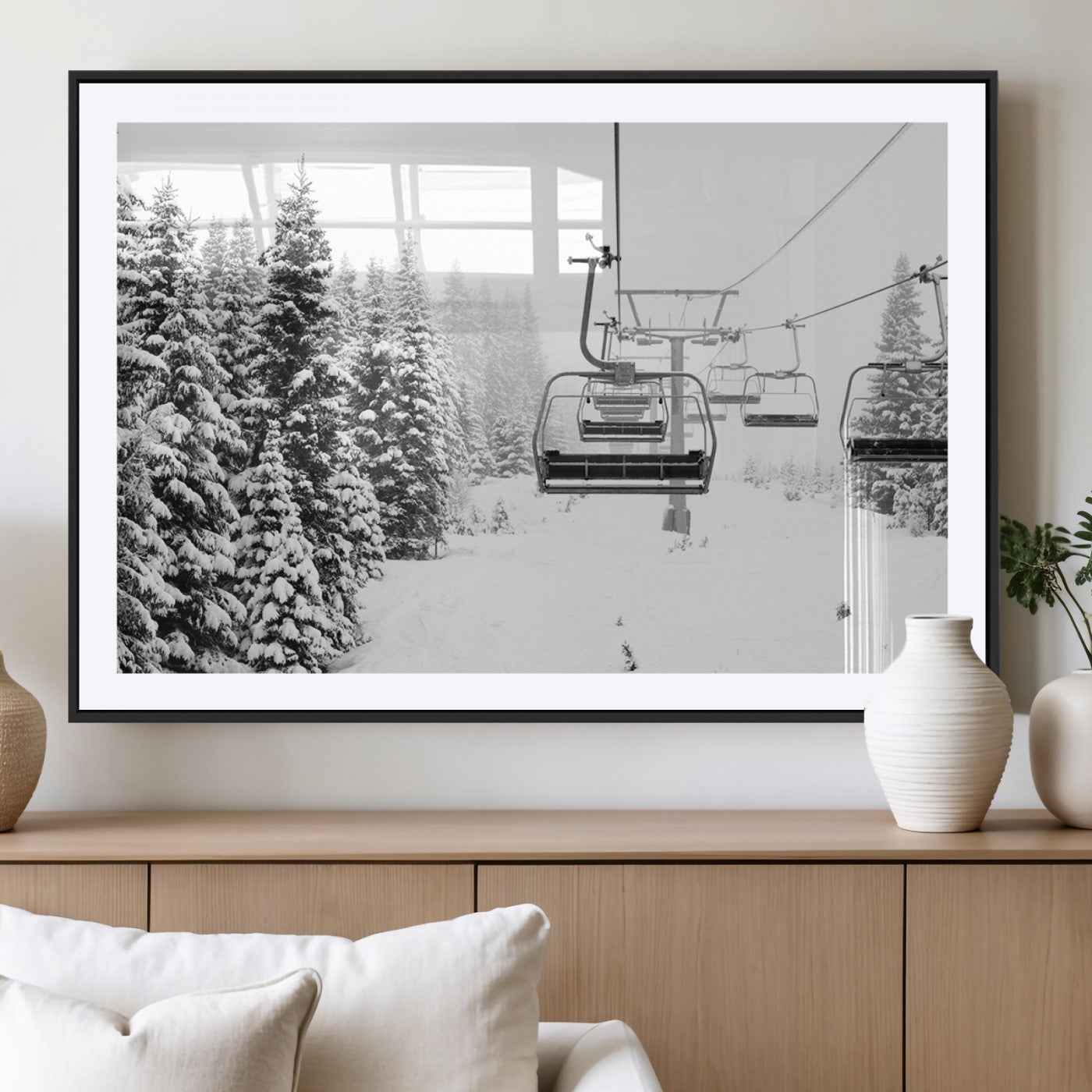 70609-MGC-FP-36x24_Black-Snowy Ski Lift Wall Art – Black and White Winter Mountain Landscape Canvas Print, Rustic Lodge Decor for Cabin, Living Room or