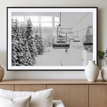 70609-MGC-FP-36x24_Black-Snowy Ski Lift Wall Art – Black and White Winter Mountain Landscape Canvas Print, Rustic Lodge Decor for Cabin, Living Room or