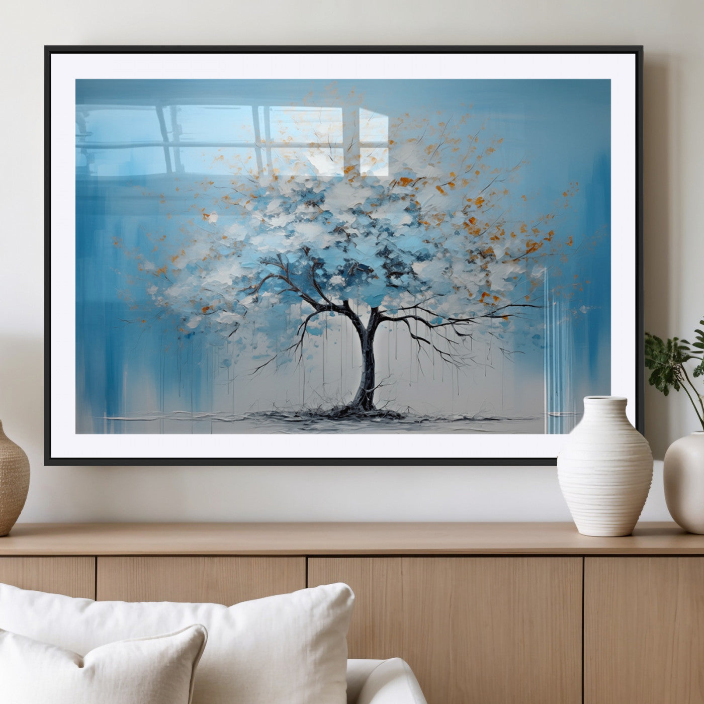 25021-MGV-CV-36X24-Abstract Tree Wall Art – Blue and White Canvas Painting with Gold Accents, Modern Nature-Inspired Artwork for Living Room, Bedroom