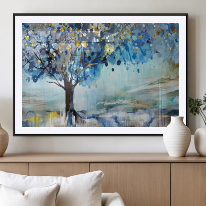 17018-MGV-CV-36X24-Abstract Blue Tree Wall Art – Colorful Canvas Painting with Gold and Silver Accents, Modern Nature Artwork for Living Room,