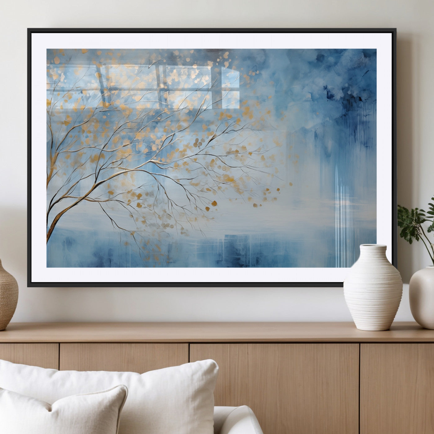 23891-MGV-CV-36X24-Abstract Tree Wall Art – Minimalist Blue and Gold Canvas Painting, Elegant Nature-Inspired Artwork for Living Room, Bedroom or