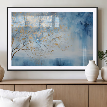 23891-MGV-CV-36X24-Abstract Tree Wall Art – Minimalist Blue and Gold Canvas Painting, Elegant Nature-Inspired Artwork for Living Room, Bedroom or
