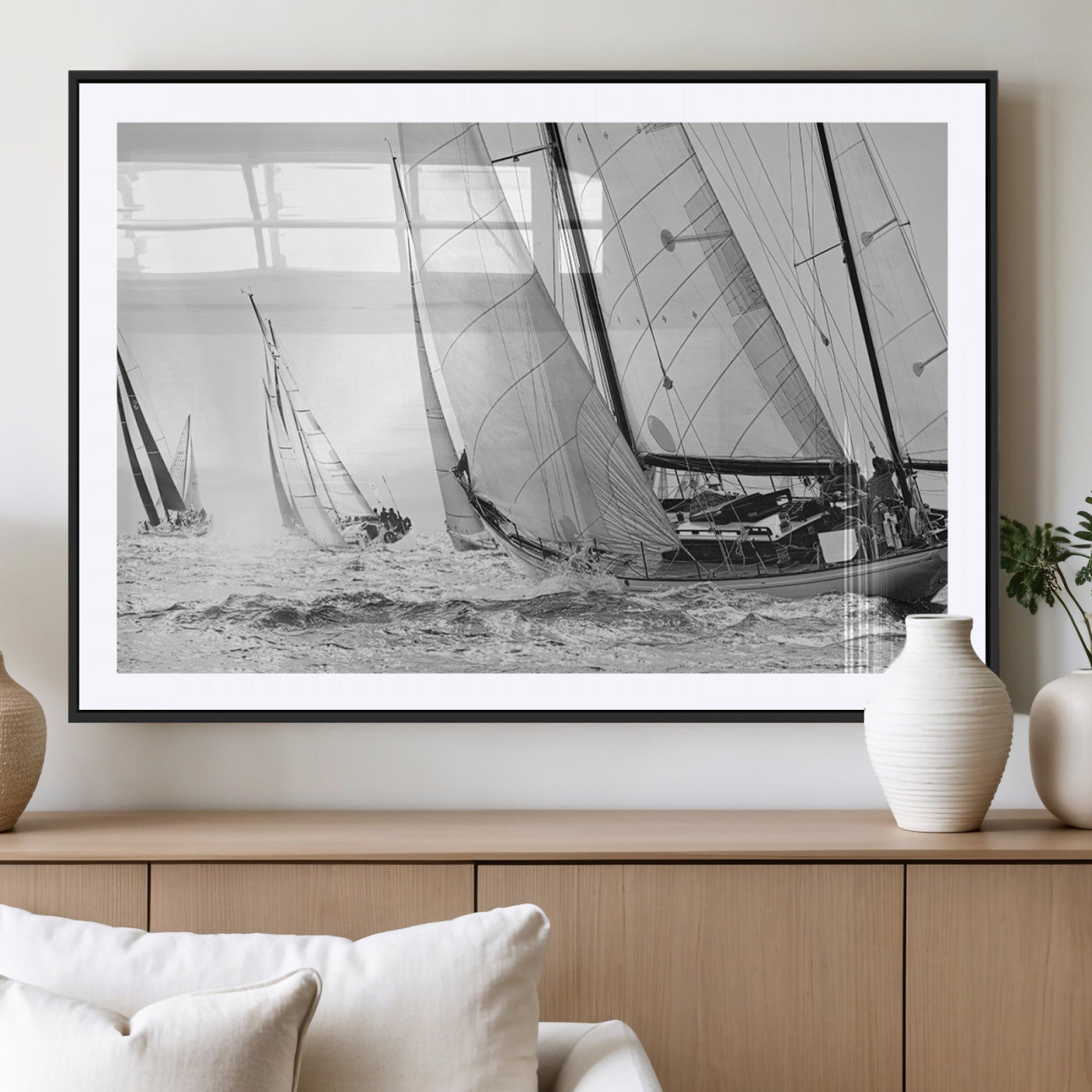 Boat-1-MGC-FP-36x24_Black-Sailboat Racing Wall Art – Nautical Black and White Canvas Print, Ocean Adventure Decor for Office, Living Room or Bedroom