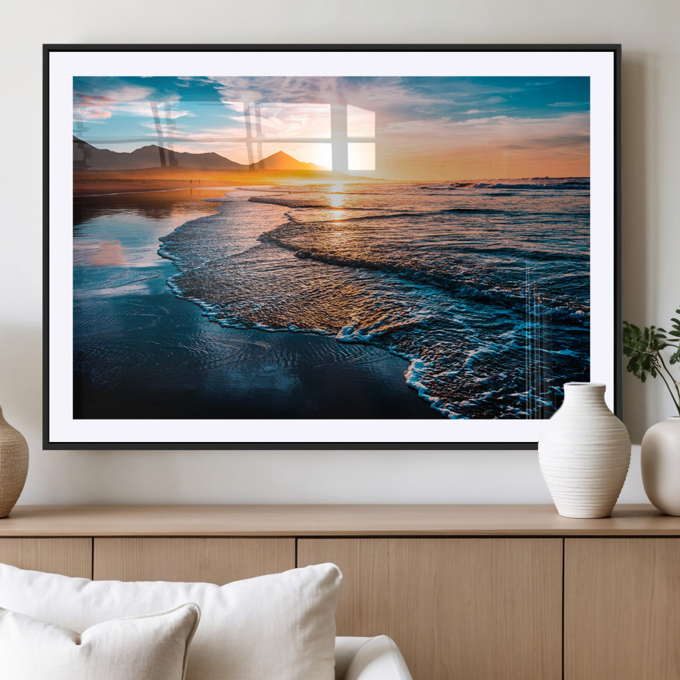 26494-MGV-CV-36X24-Ocean Sunset Wall Art – Scenic Beach Canvas Print with Waves and Mountains, Coastal Seascape Photography for Living Room, Bedroom