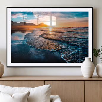 26494-MGV-CV-36X24-Ocean Sunset Wall Art – Scenic Beach Canvas Print with Waves and Mountains, Coastal Seascape Photography for Living Room, Bedroom