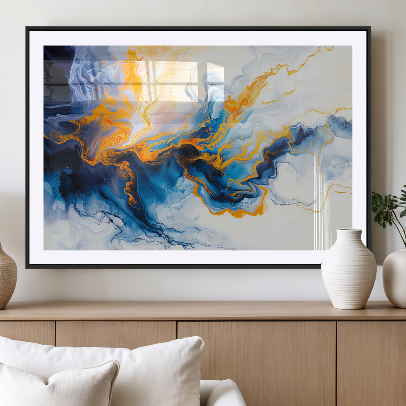 83720-MGV-CV-36X24-Abstract Fluid Wall Art – Blue, White and Gold Swirl Canvas Painting, Modern Contemporary Artwork for Living Room, Bedroom or