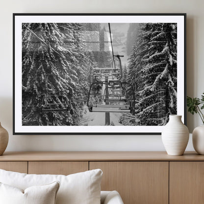 19240-MGV-CV-36X24-Ski Lift Wall Art – Black and White Winter Mountain Canvas Print, Snowy Forest Ski Resort Photography for Cabin, Lodge, Office or