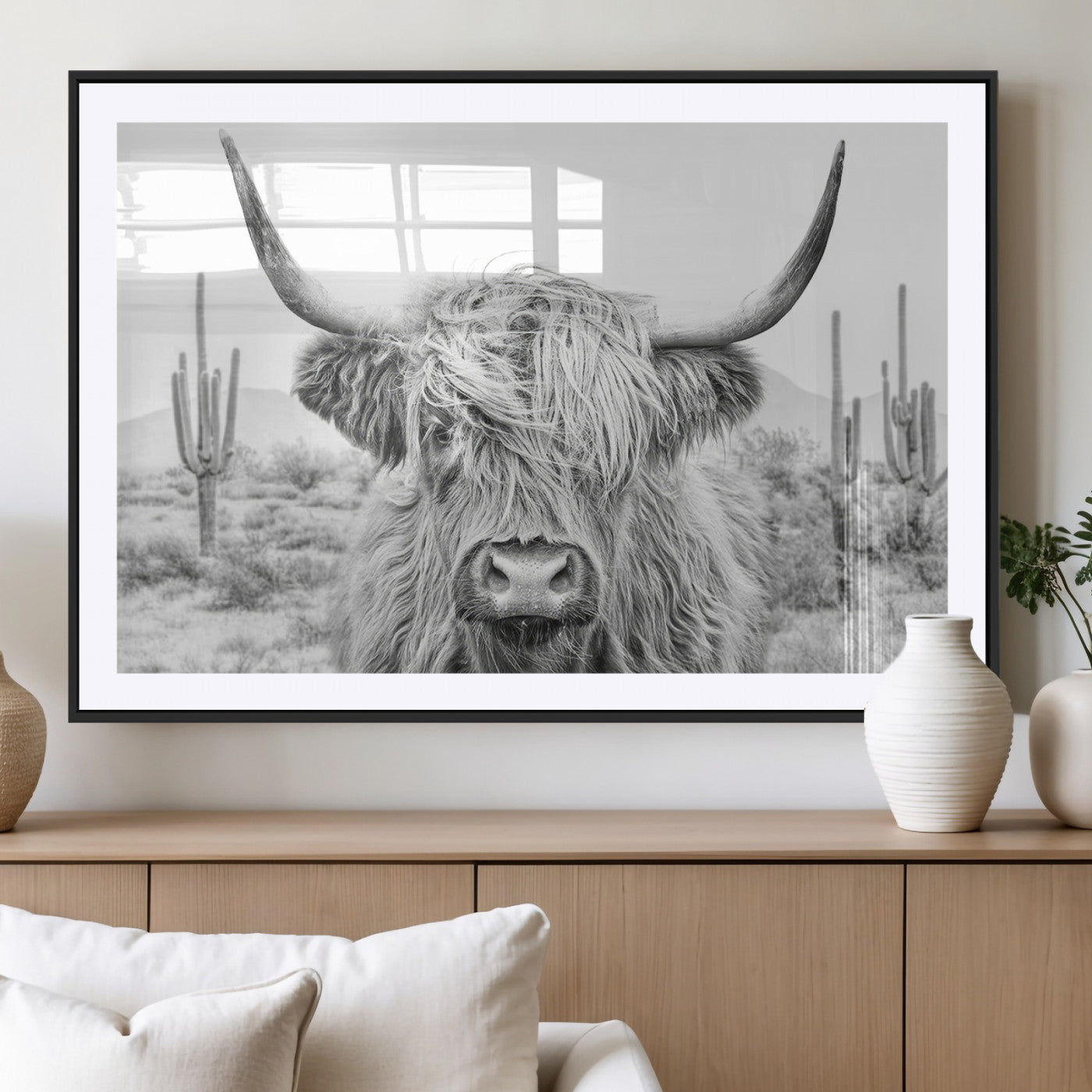 94579-MGC-FP-36x24_Black-Highland Cow Wall Art – Black and White Longhorn Canvas Print, Rustic Western Farmhouse Animal Photography for Living Room,