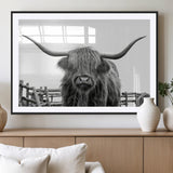 58188-MGV-CV-36X24-Highland Cow Wall Art – Black and White Rustic Farmhouse Canvas Print, Longhorn Cattle Photography Decor for Living Room or