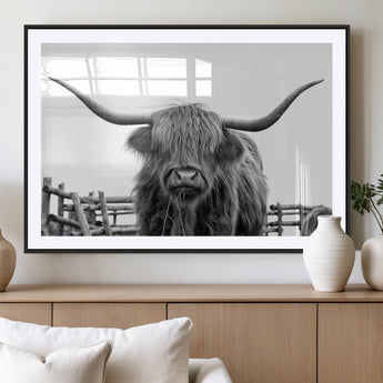 58188-MGV-CV-36X24-Highland Cow Wall Art – Black and White Rustic Farmhouse Canvas Print, Longhorn Cattle Photography Decor for Living Room or