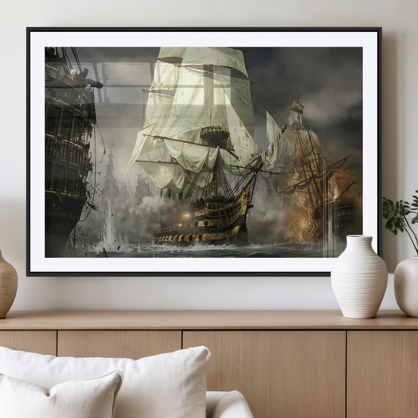 26512-MGV-CV-36X24-Naval Battle Wall Art – Dramatic Tall Ship Canvas Print, Historic Pirate Sailing War Scene, Nautical Decor for Office, Study or
