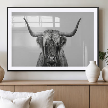 35820-MGV-CV-36X24-Minimalist Highland Cow Wall Art – Black and White Longhorn Cattle Canvas Print, Modern Farmhouse Animal Photography Decor for