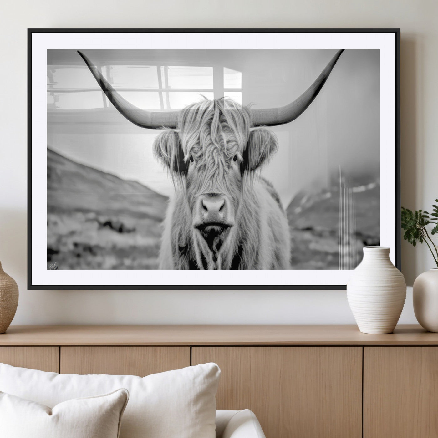 80564-MGV-CV-36X24-Highland Cow Wall Art – Black and White Scottish Highland Canvas Print, Rustic Farmhouse Decor for Living Room, Bedroom or Office