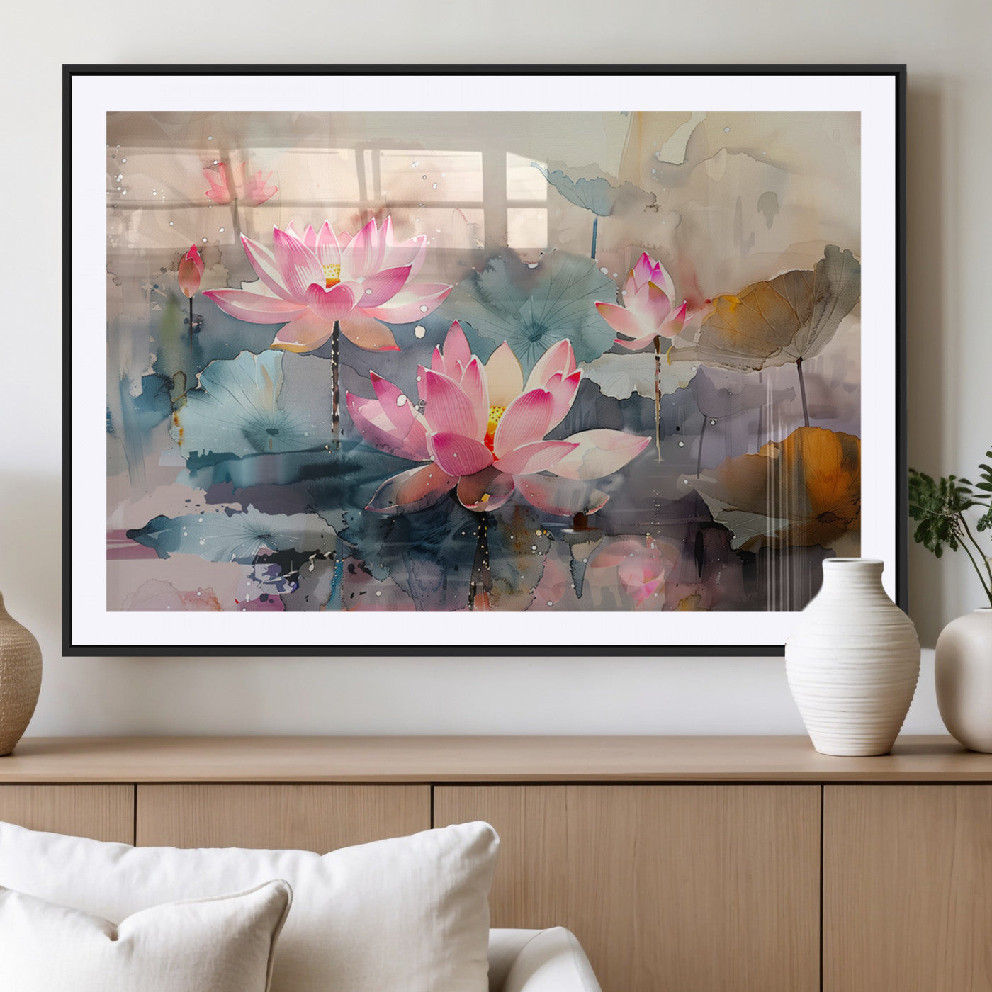 27936-MGV-CV-36X24-Lotus Pond Wall Art – Watercolor Pink Lotus Flowers Canvas Print, Tranquil Botanical Artwork for Bedroom, Living Room or