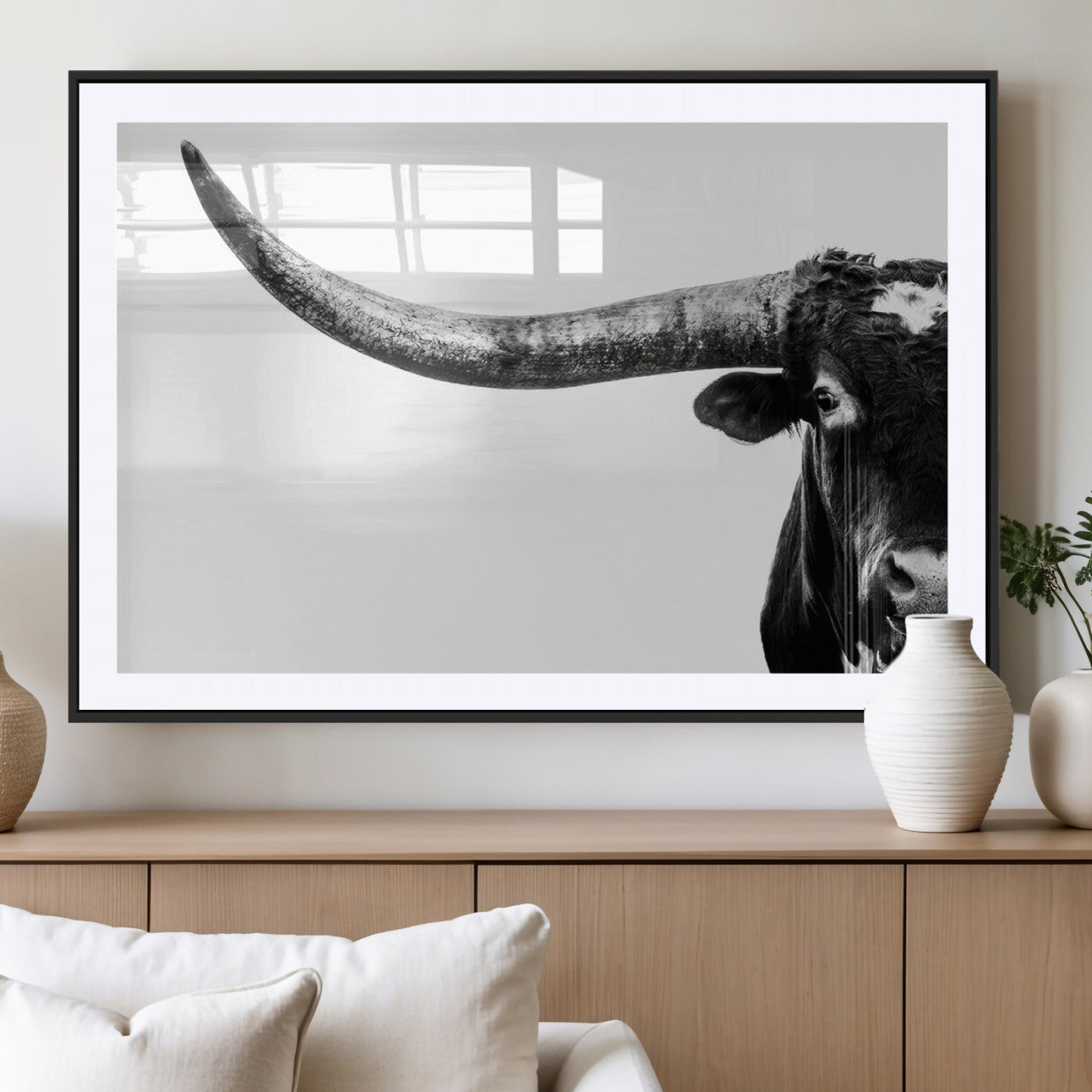 31699-MGV-CV-36X24-Longhorn Wall Art – Black and White Texas Longhorn Cow Canvas Print, Rustic Western Farmhouse Artwork for Living Room, Bedroom or