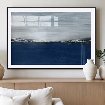62197-MGC-FP-36x24_Black-Abstract Ocean Wall Art – Minimalist Blue and White Canvas Print, Modern Coastal Seascape Painting for Bedroom, Living Room or