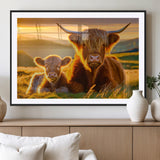 20567-MGV-CV-36X24-Highland Cow and Calf Wall Art – Rustic Farmhouse Sunset Cattle Canvas Print, Country Animal Artwork for Living Room, Bedroom, or