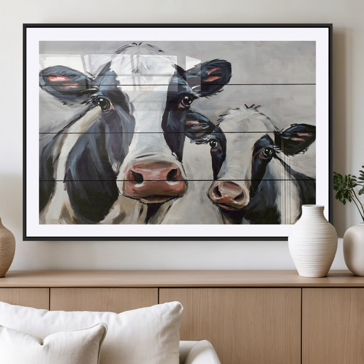 28934-MGV-CV-36X24-Farmhouse Cow Wall Art – Rustic Black and White Dairy Cattle Canvas Print, Country Barn Animal Painting for Kitchen, Living Room