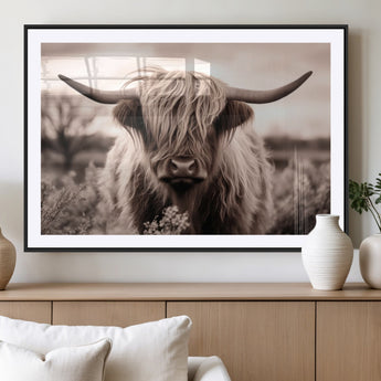 55903-MGV-CV-36X24-Highland Cow Wall Art – Rustic Sepia Scottish Highland Bull Canvas Print, Farmhouse Country Animal Decor for Living Room, Bedroom