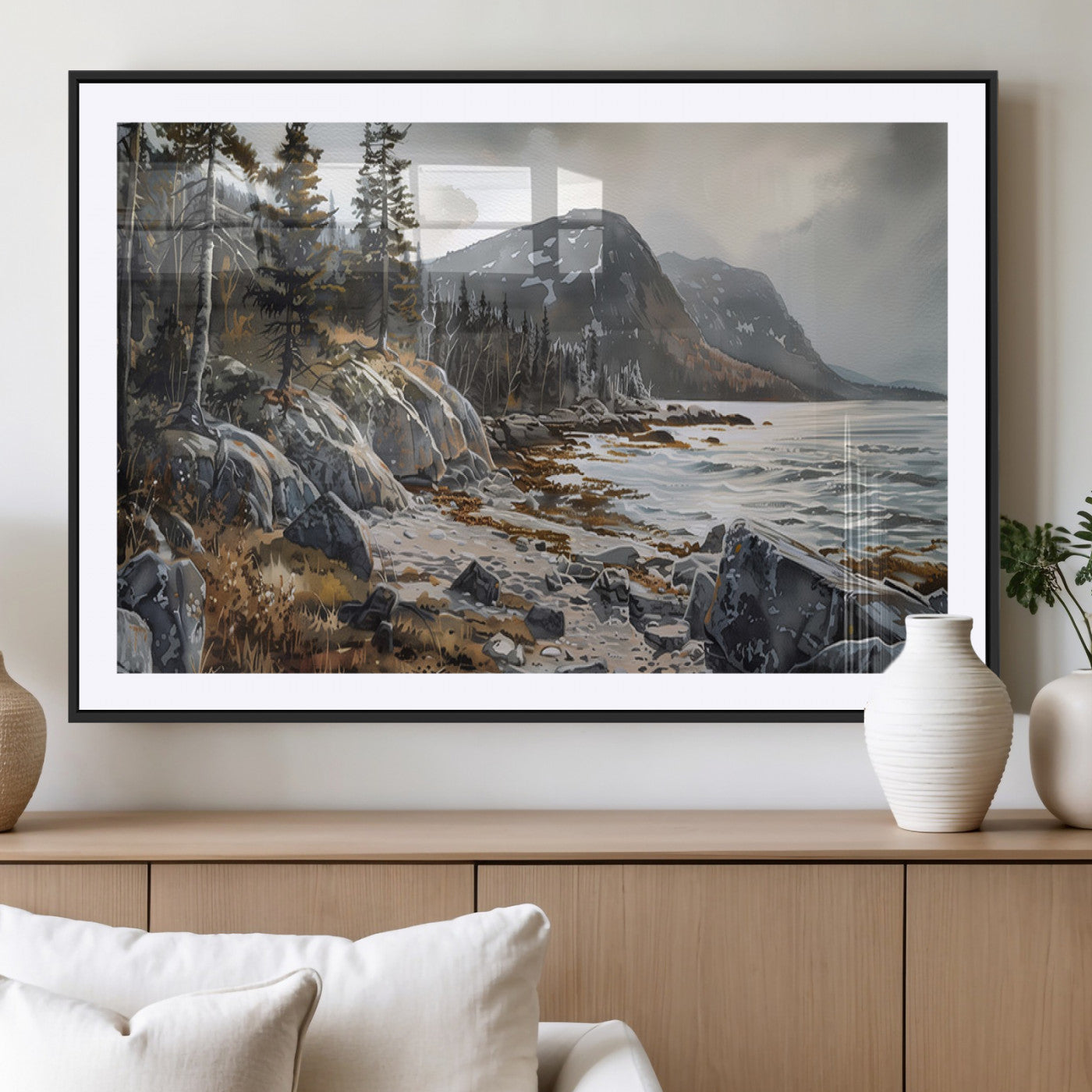 41281-MGC-FP-36x24_Black-Rocky Shoreline Wall Art – Panoramic Mountain Coast and Forest Canvas Print, Rustic Nature Landscape Decor for Cabin, Lodge, or