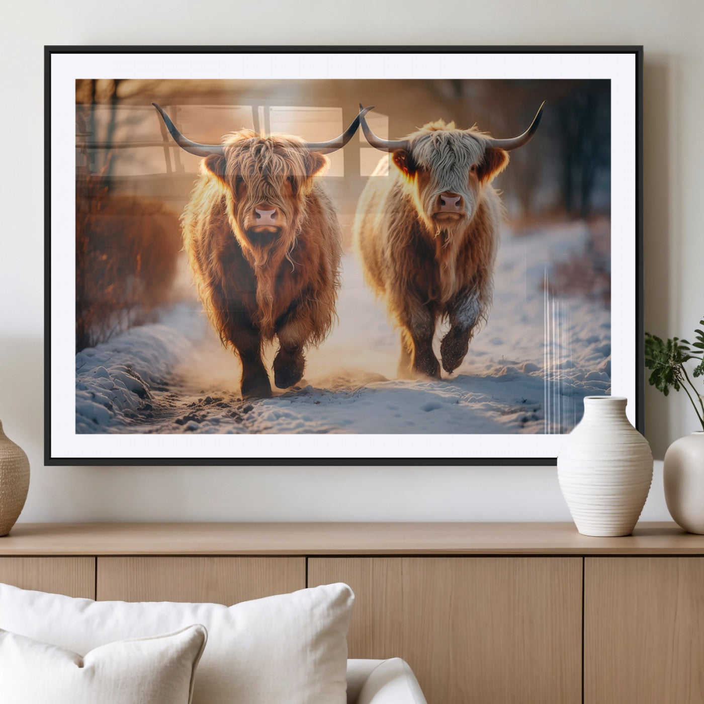 50490-MGC-FP-36x24_Black-Highland Cow Wall Art – Rustic Panoramic Canvas Print Two Cattle Snowy Landscape, Farmhouse Country Decor for Living Room Office