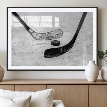 82900-MGV-CV-36X24-Hockey Wall Art – Black and White Canvas Print Ice Rink Sticks Puck Sports Photography, Modern Decor for Game Room, Man Cave,