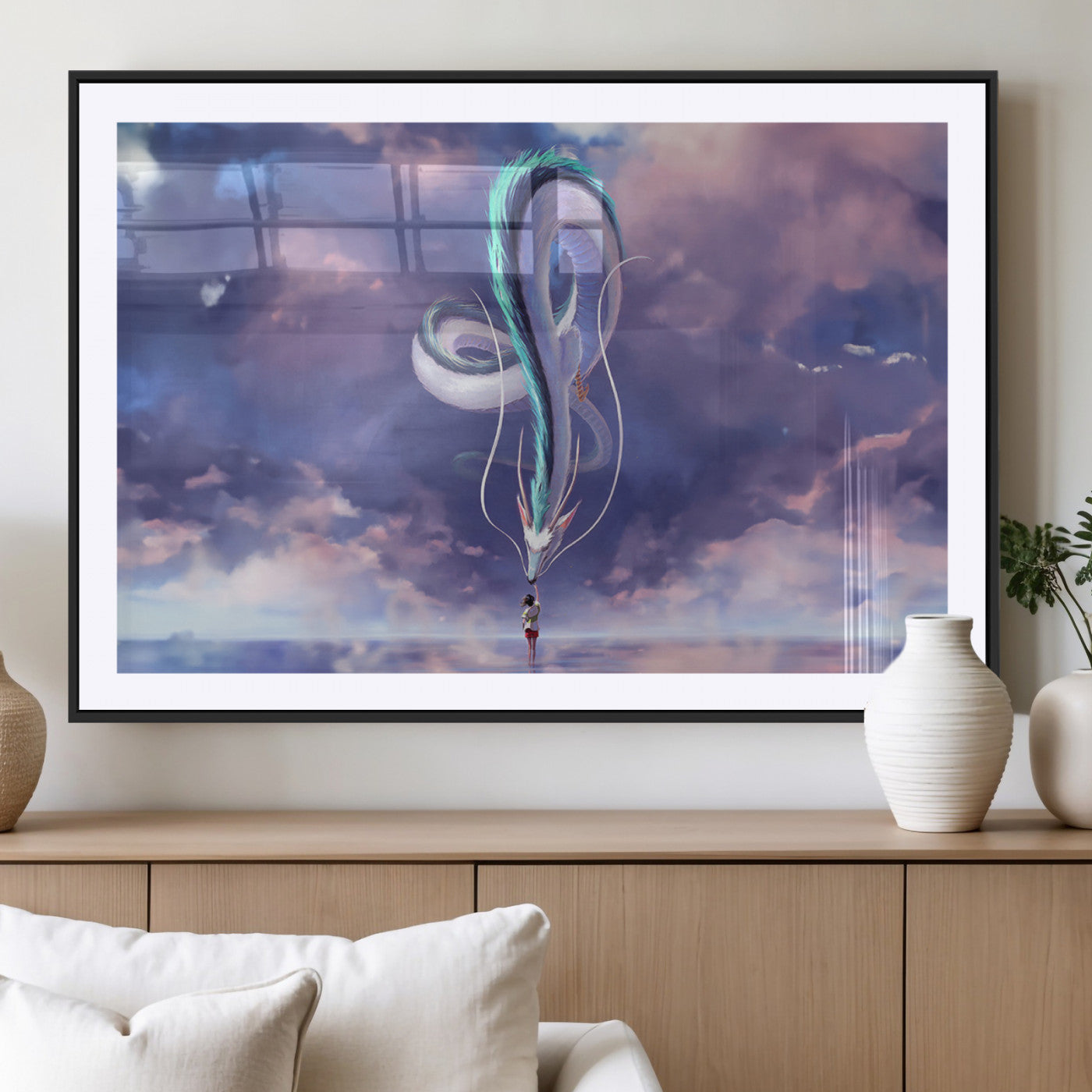 66864-MGC-FP-36x24_Black-Fantasy Dragon Wall Art – Mystical Canvas Print Girl and Sky Serpent Dreamlike Clouds, Magical Anime Inspired Decor for Living