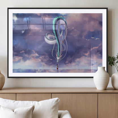 66864-MGC-FP-36x24_Black-Fantasy Dragon Wall Art – Mystical Canvas Print Girl and Sky Serpent Dreamlike Clouds, Magical Anime Inspired Decor for Living