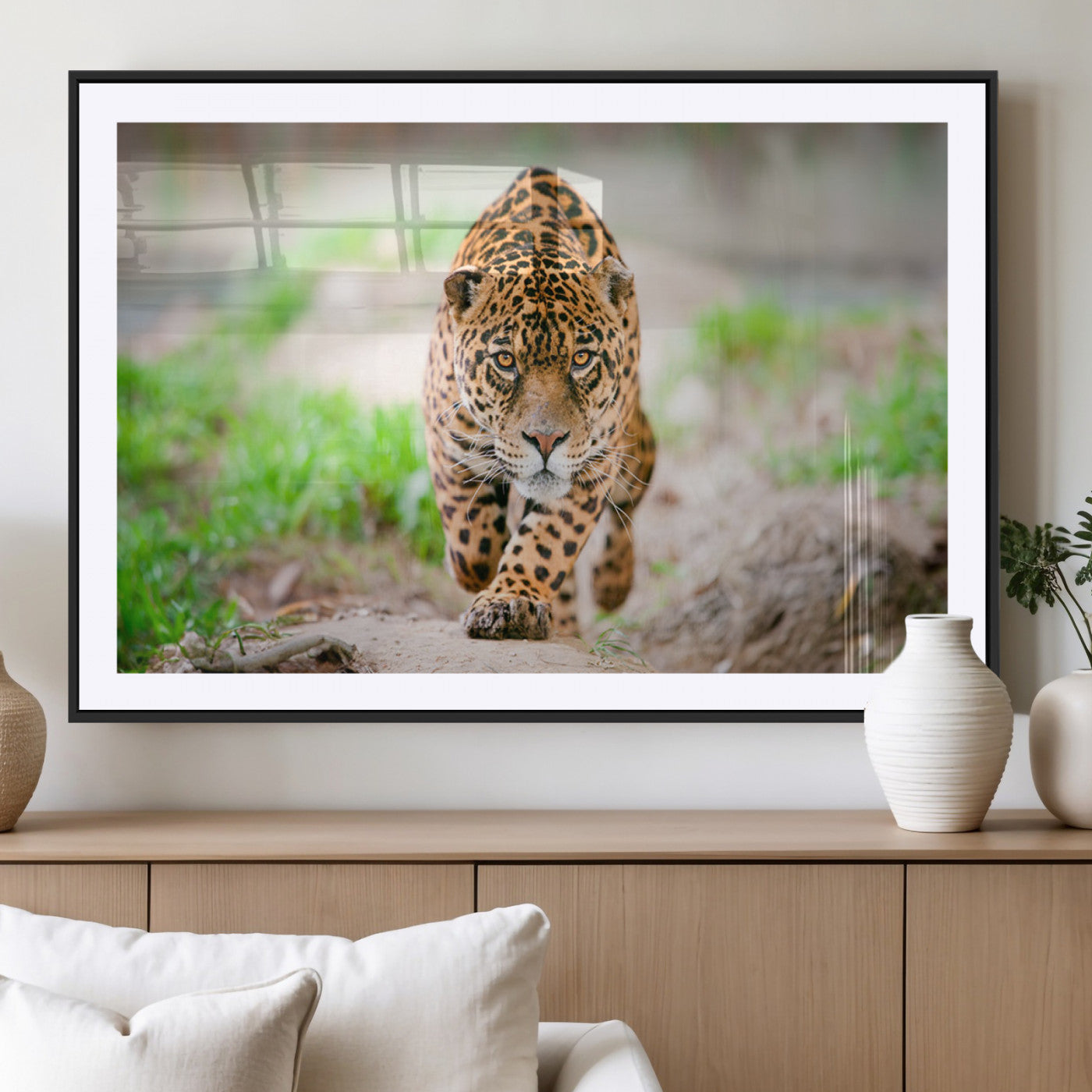 75066-MGC-FP-36x24_Black-Leopard Wall Art Canvas Print, Framed Wild Animal Art Picture Print, Blue Eye Leopard Perfect Wild Minimal Decor Artwork